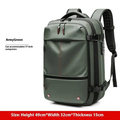 Army green vacuum compression backpack with built-in vacuum, USB charging port, multiple compartments, ergonomic padded straps, and water-resistant durable fabric for travel.