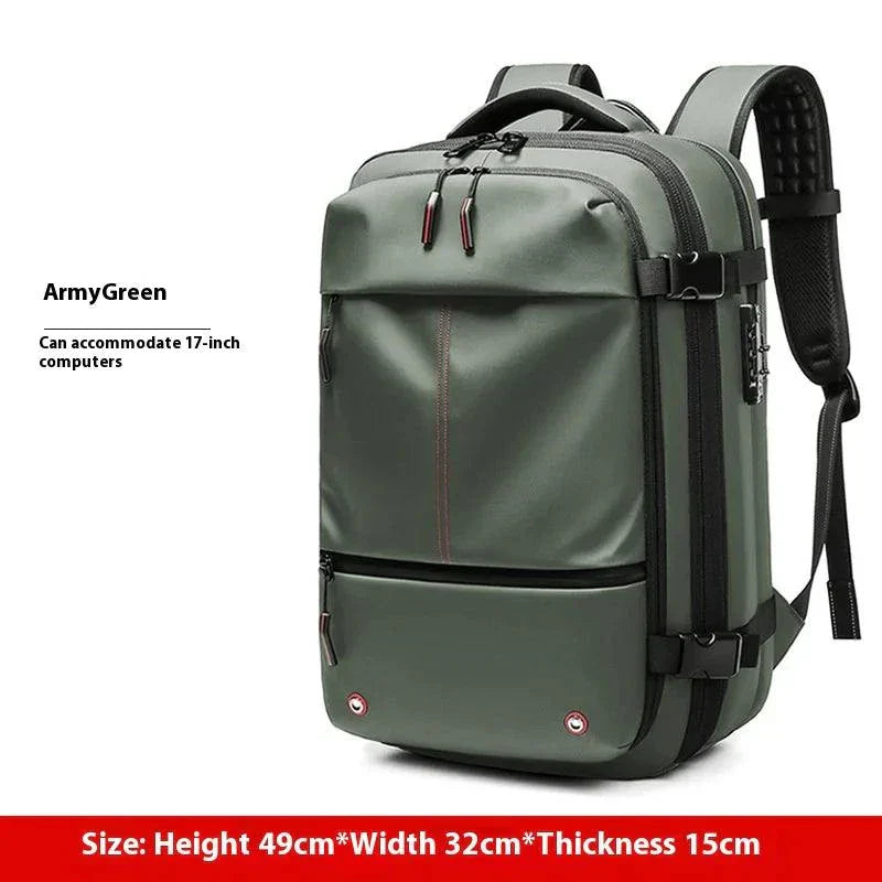 Compact army green vacuum compression backpack with padded straps, multiple compartments, and space for 17-inch laptops.