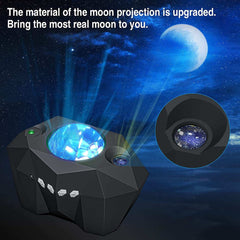 Northern Lights Star Projector projecting colorful aurora and stars with upgraded moon projection on ceiling