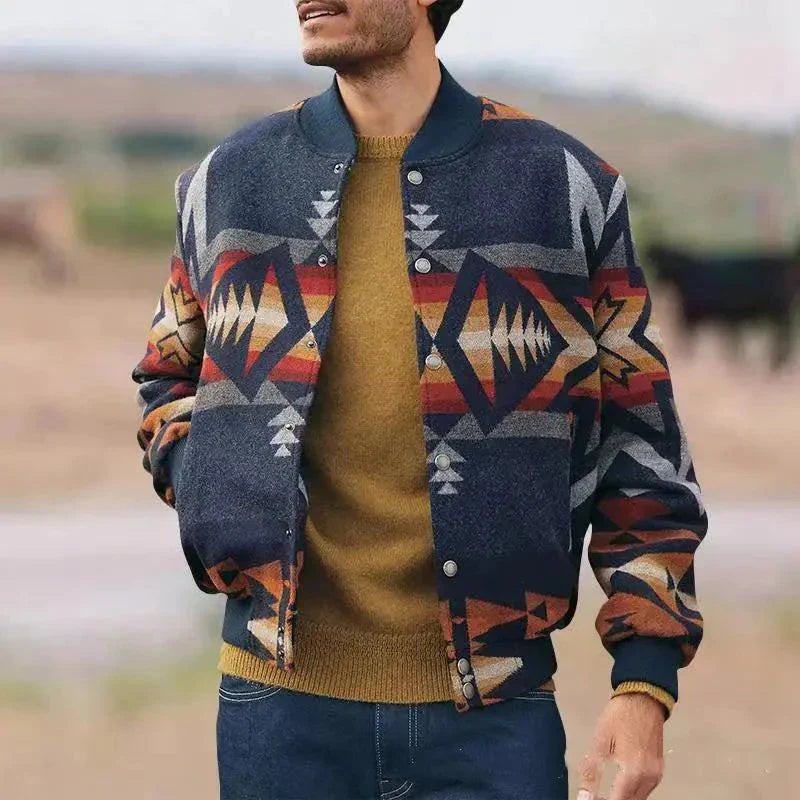 Men's geometric pattern stand collar cardigan jacket in dark blue with button front and colorful design