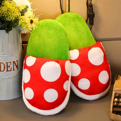 Multifunctional Mushroom Piranha Plush soft pillow with red and white polka dots and green top, decorative plush toy