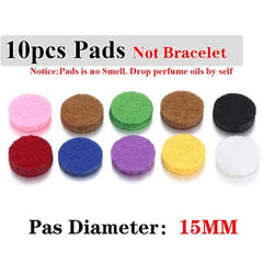 Set of 10 colorful 15mm scent pads for Stainless Steel Perfume Bracelet, designed to hold perfume oils and diffuse fragrance.
