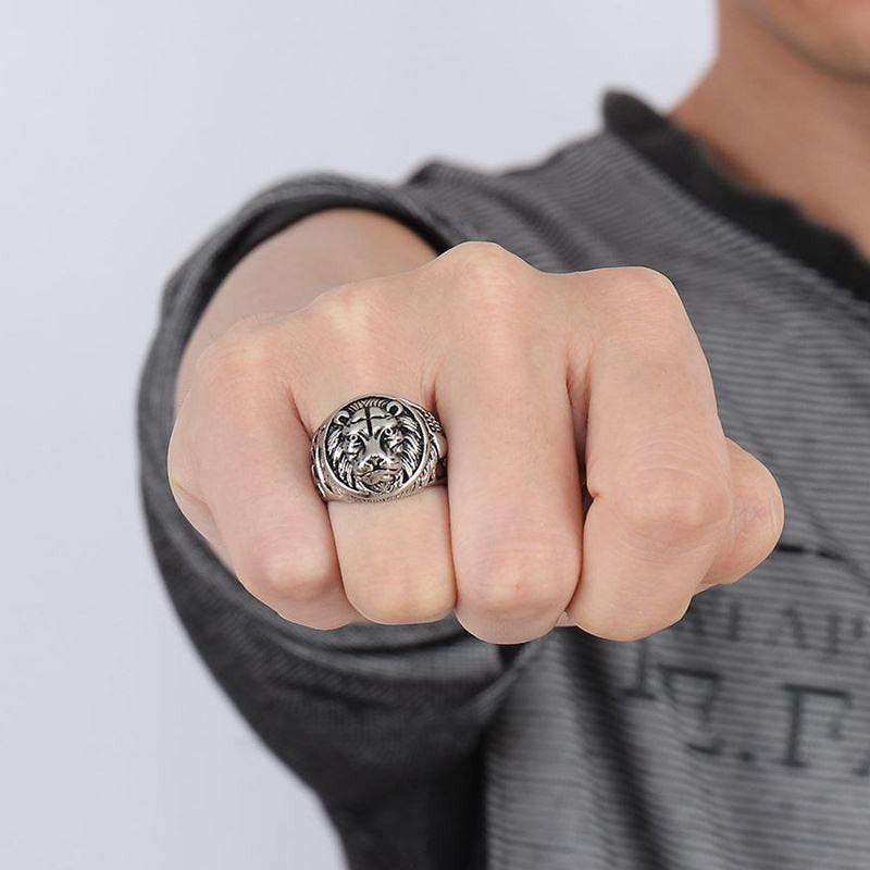 Men's stainless steel Lion Head Ring with electric silver finish and detailed bold design.