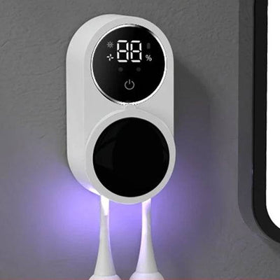 Electric hands-free toothbrush sterilizer holder with UVC light and digital display, ivory plastic compact design, USB rechargeable.