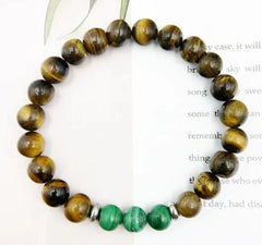 Natural Malachite Tiger Eye Beaded Bracelet with 8mm stones and stainless steel accents