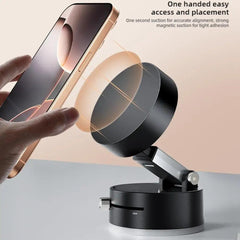 Black suction cup magnetic phone holder with adjustable base and strong magnetic grip for one-handed phone placement
