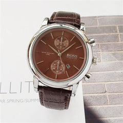 Men's quartz high quality watch with brown dial and leather strap