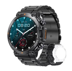 Black smart watch for men with metal strap, heart rate monitor, and multiple digital dials on HD screen