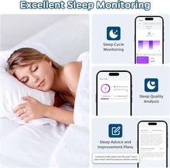 Smart Ring Health Tracker showing sleep monitoring features with a woman sleeping and smartphone app displaying sleep cycle, quality analysis, and improvement plans