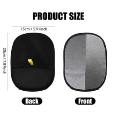 Black Miracle Grooming Glove showing front and back views with size dimensions for pet hair removal and grooming.