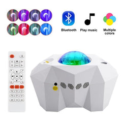 Northern Lights Star Projector with multiple color modes, Bluetooth music play, remote control, and compact design for immersive starry sky and aurora effects.