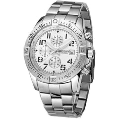 Fashion men's multifunctional stainless steel watch with chronograph, calendar, and quartz movement in silver tone