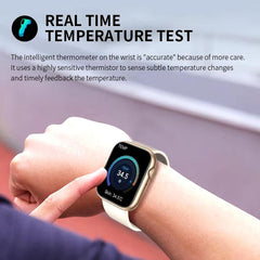 Smart watch with real-time temperature test, wireless charging, Bluetooth, and customizable watch face on wrist.