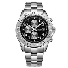 Multifunctional men's fashion watch with stainless steel band, black dial, chronograph, calendar, and quartz movement