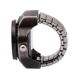 Vintage finger watch with flip-up cover and metal stretch band, quartz movement for precise timekeeping.