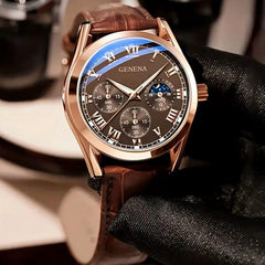 Men's business and casual quartz watch with alloy case, Roman numeral display, and brown leather band