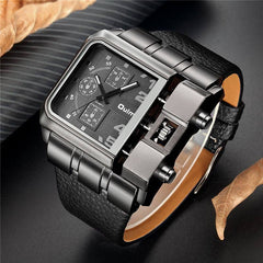 Men's luxury casual square black watch with leather strap and metal case