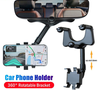 360° rotatable smart phone car holder with adjustable arm and suction base for secure hands-free driving.