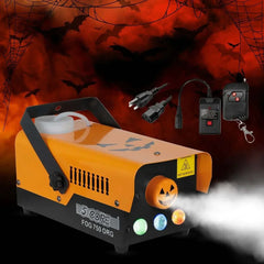 750W 5 Core Fog Smoke Machine with LED lights, orange Halloween-themed fogger emitting dense smoke, includes wired and wireless remote controls for indoor and outdoor use.