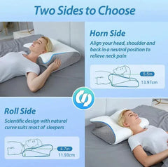 Memory foam cervical pillow with ergonomic horn and roll sides for neck pain relief and natural spine alignment.