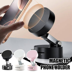 Compact suction cup magnetic phone holder in black, white, and pink with durable ABS+PC material and adjustable base for hands-free use