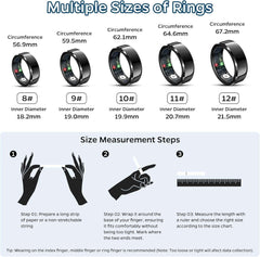 Smart Ring Health Tracker showing multiple sizes with circumference and diameter, along with step-by-step finger measurement guide for accurate fit.