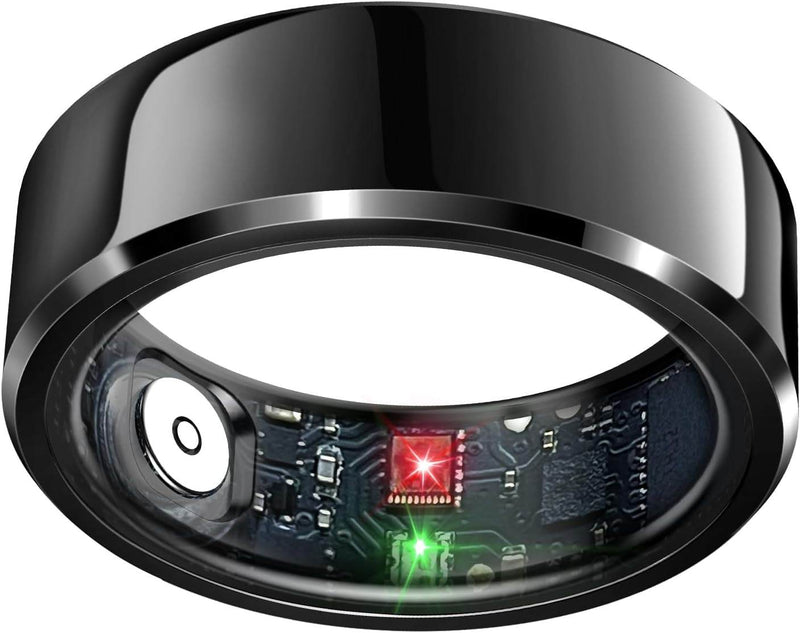 Black Smart Ring Health Tracker with visible internal sensors for heart rate and activity monitoring
