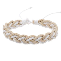 Handwoven cotton string bracelet in beige and white braided design with adjustable closure