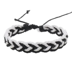 Handwoven black and white cotton string bracelet with braided design and adjustable closure