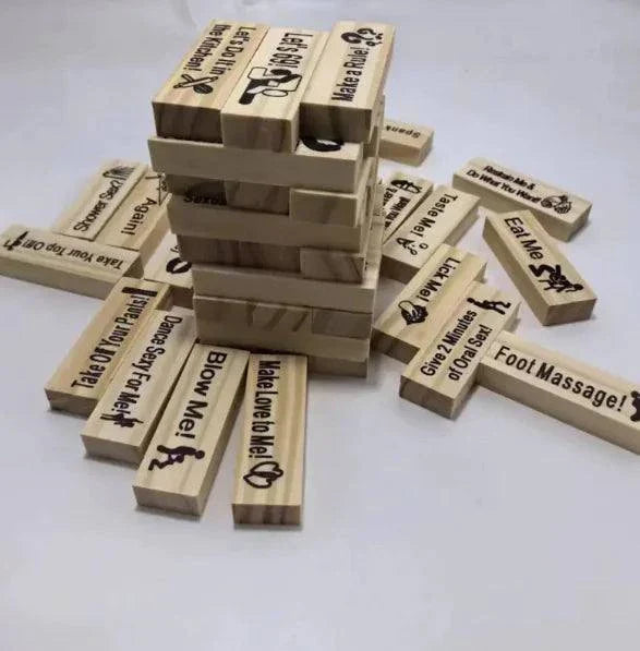 LoveStack Couples Game wooden block stacking game with flirty prompts for date nights and couples bonding