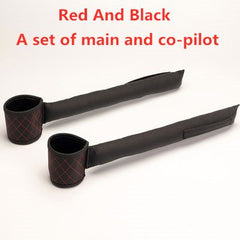 Red and black leather car seat gap filler set with storage compartments for main and co-pilot seats