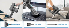 INSE N300 cordless vacuum cleaner with floor head brush, 2-in-1 brush, and long crevice tool for versatile handheld cleaning.