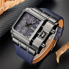 Men's luxury casual watch with square black dial, quartz movement, and blue imitation leather strap