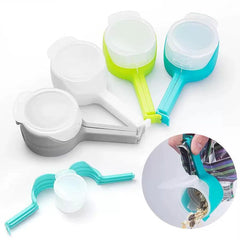Food Sealing Clips with Pour Spout in blue, green, white, and gray for sealing and pouring snacks and seasonings