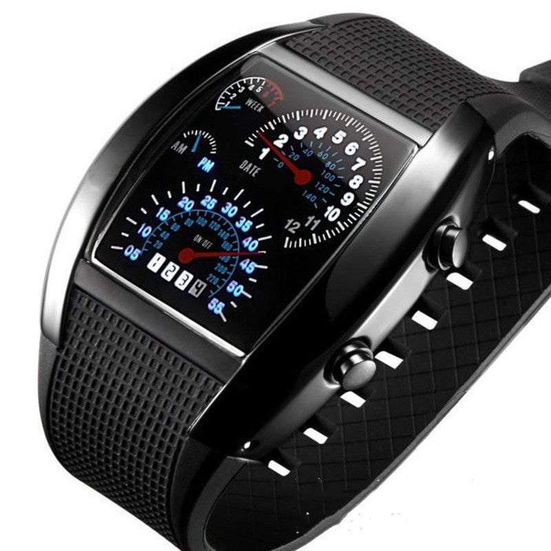 Fashion men's unique LED digital watch with black rubber strap and oval dial