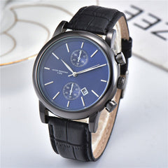 Men's quartz high quality watch with blue dial and black leather strap
