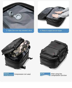 Black vacuum compression backpack with built-in valve and spacious compartments before and after compression demonstration