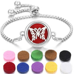 Stainless steel perfume bracelet with butterfly design and multiple colorful scent pads for adjustable fragrance diffusion
