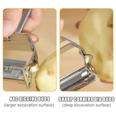 Close-up of stainless steel kitchen vegetable peeler with sharp blade peeling potato skin showing arc and sharp corner digging buds for efficient peeling