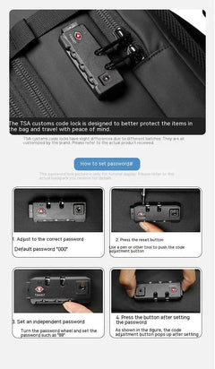 Close-up of a TSA combination lock on a black Vacuum Compression Backpack demonstrating password setting steps for secure travel.
