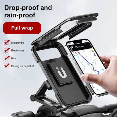 Waterproof black bike phone holder with 360° swivel mount for secure phone grip on motorcycles and bicycles