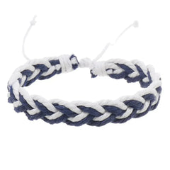 Handwoven cotton string bracelet in blue and white braided artistic style with adjustable closure