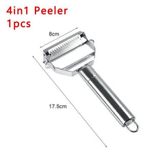 Stainless steel kitchen vegetable peeler with ergonomic handle and sharp blade, 17.5cm length, 4-in-1 design for versatile peeling.