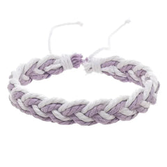 Handwoven cotton string bracelet in purple and white braided artistic design with adjustable closure