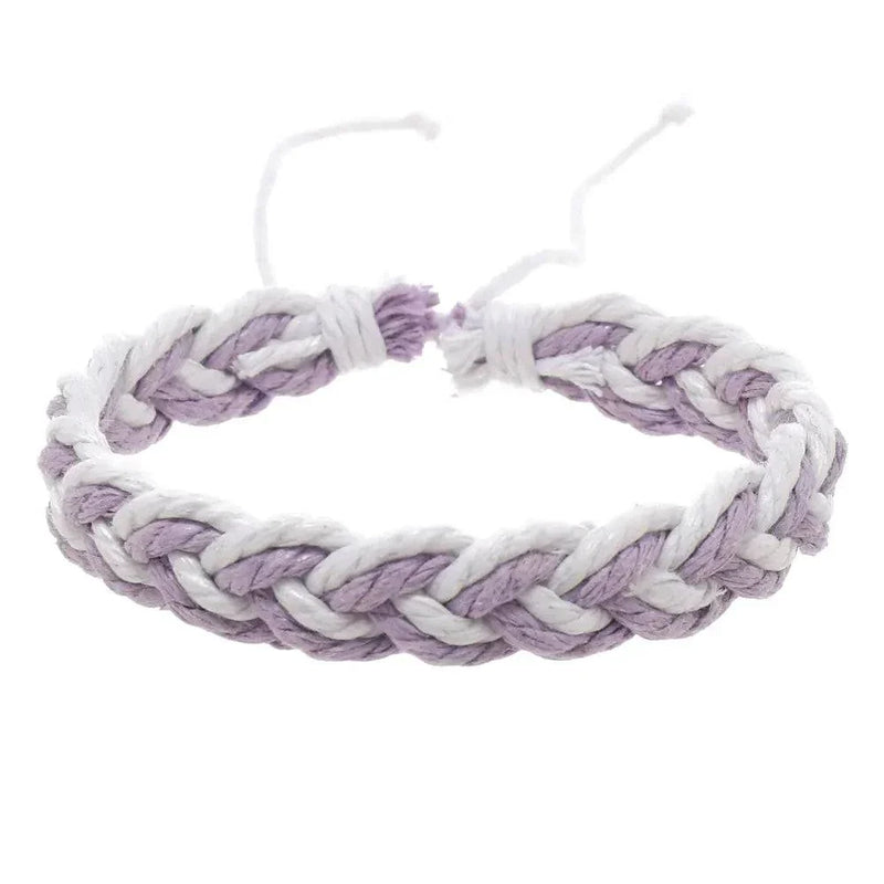 Handwoven cotton string bracelet in purple and white braided artistic design with adjustable closure