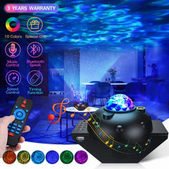 Northern Lights Star Projector with 10 color modes, Bluetooth speaker, music control, and remote for immersive cosmic light show in home ambiance