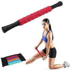 Muscle roller stick with ergonomic handles for deep tissue massage and muscle relief, shown in red and in use by a woman stretching her leg.