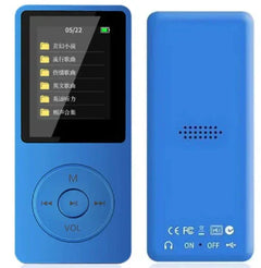 Blue RuiZu X02 MP3 Voice Recorder and Portable Player with 1.8-inch color screen and circular control buttons, front and back view