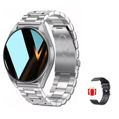 Smart Watch 2025 with 1.32-inch round HD touch screen, Bluetooth calling, health monitoring, and silver metal strap with an additional black silicone strap.