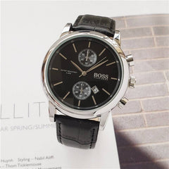 Men's quartz high quality watch with black leather strap and silver alloy case